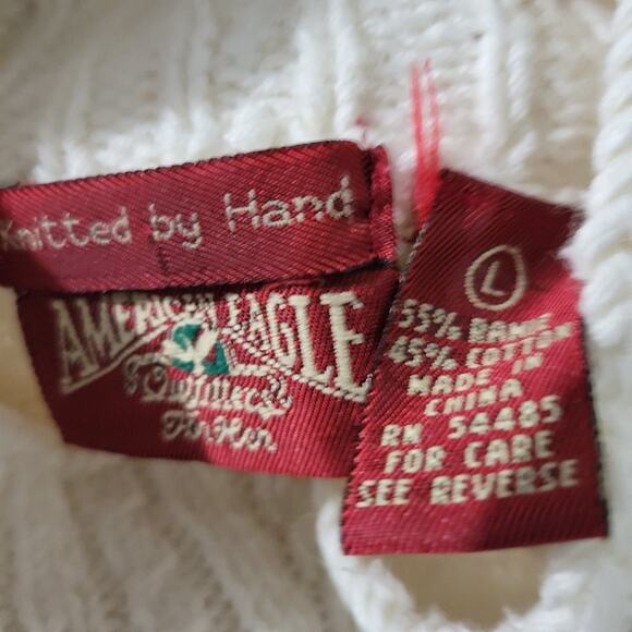 Vintage American Eagle Chunky Sweater White HandKnit Fisherman Floral Size Large - Picture 14 of 15